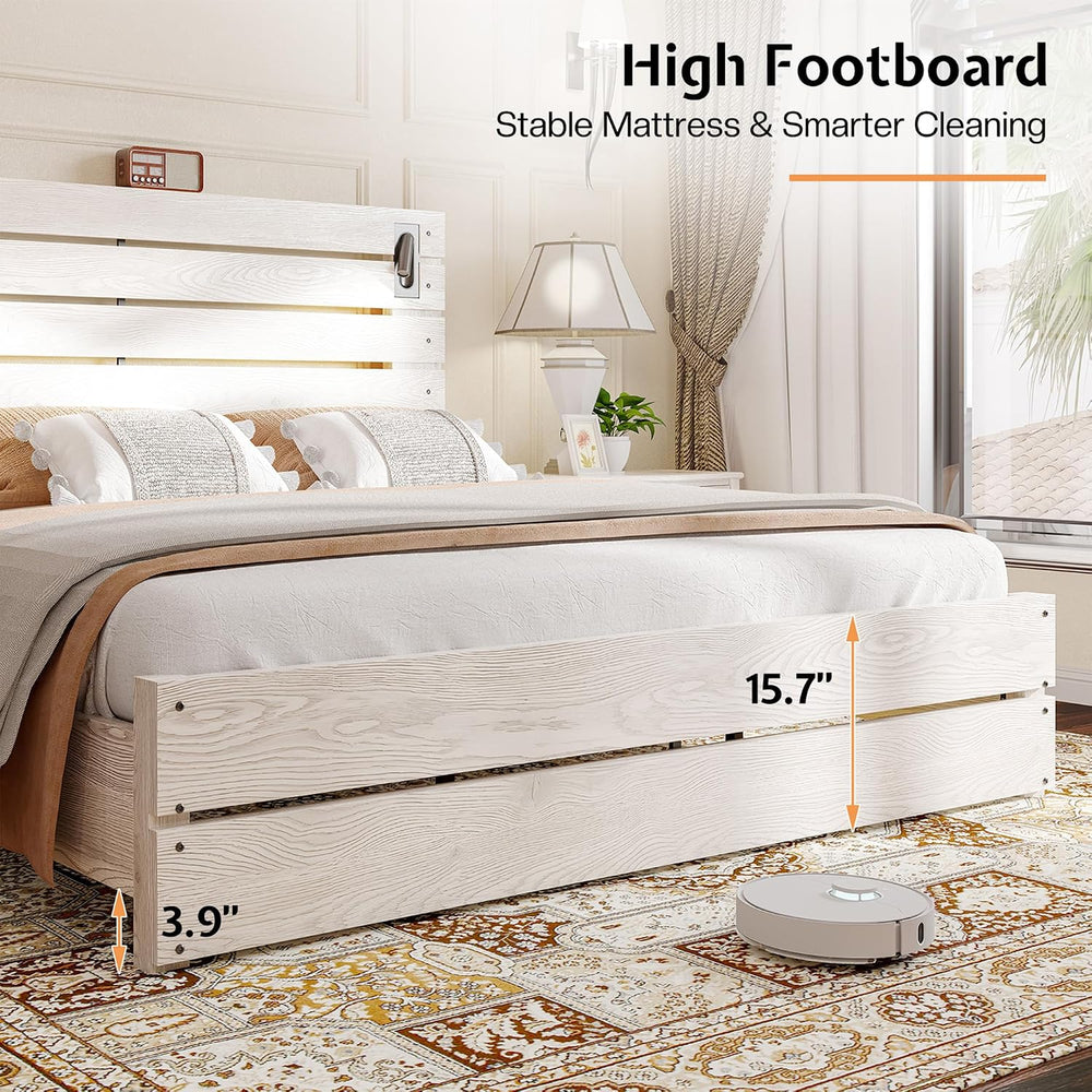 Jocisland Queen Bed Frame Farmhouse 51" Headboard＆Reading Lights, Ash White