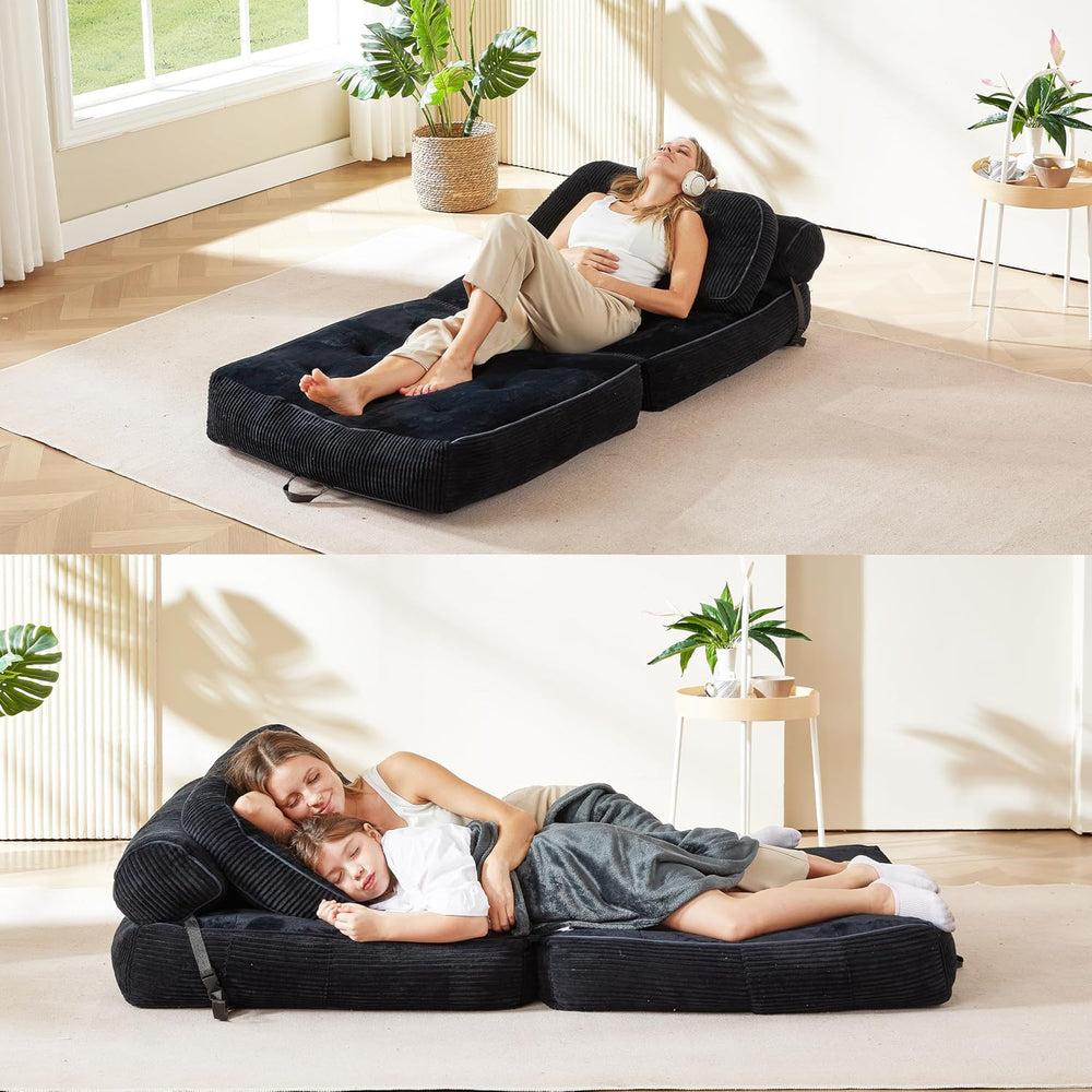 Folding Sofa Bed, Flannel Futon Couch Bed with Pillow and Blanket, Convertibl...