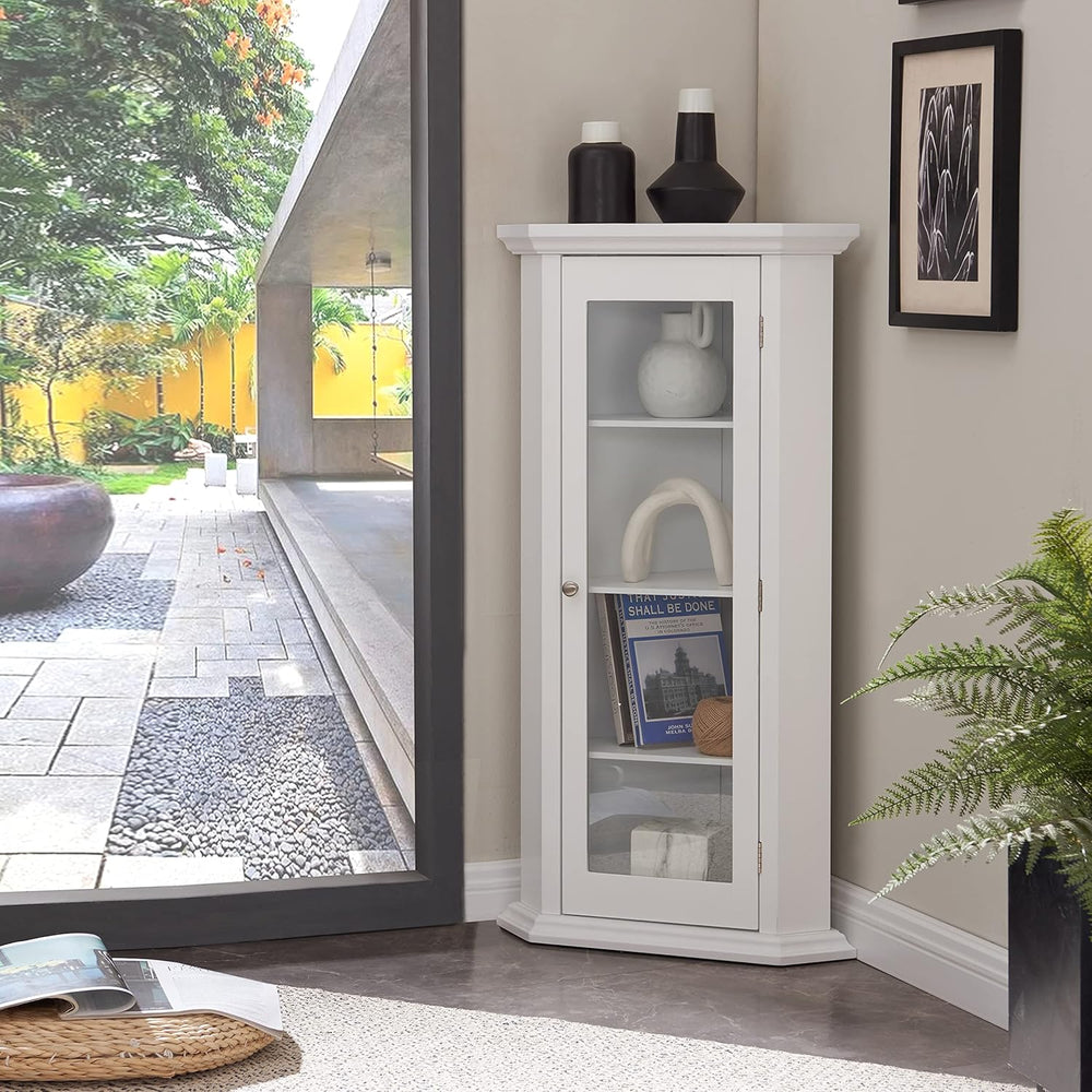 Kings Brand Corner Curio Display Cabinet w/Glass Door & Shelves, White