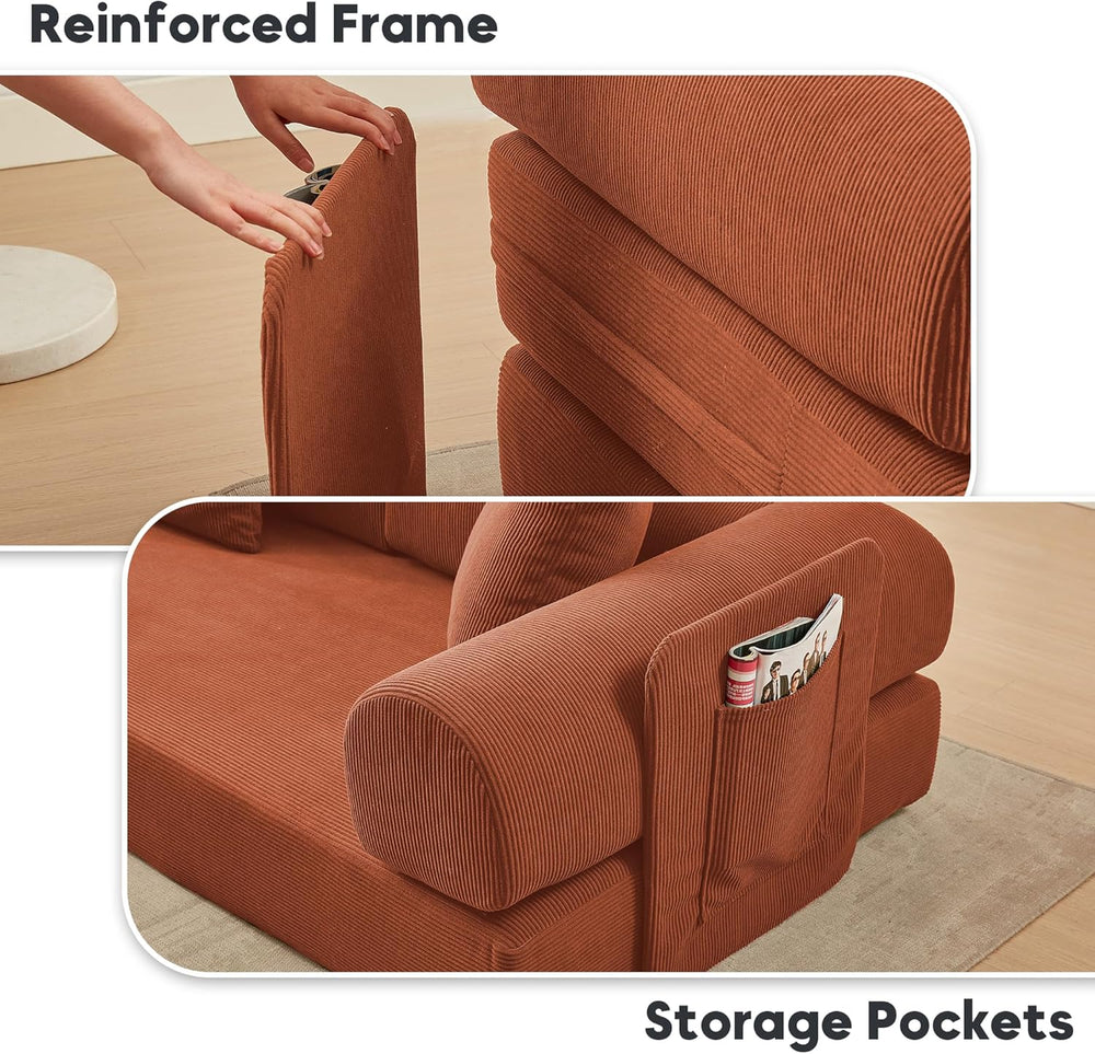 107" Modular Sectional Sofa Bed, L-Shape Corduroy Boneless Couch, Orange