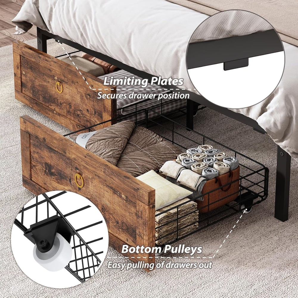 Full Bed Frame with 4 Drawers Bookshelf Headboard, Farmhouse Bed Frame with C...