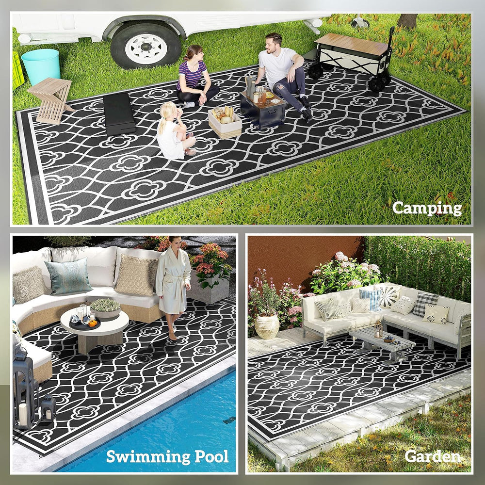 Outsunny Outdoor Rug for Patio Waterproof 9' x 18' Black & White ...