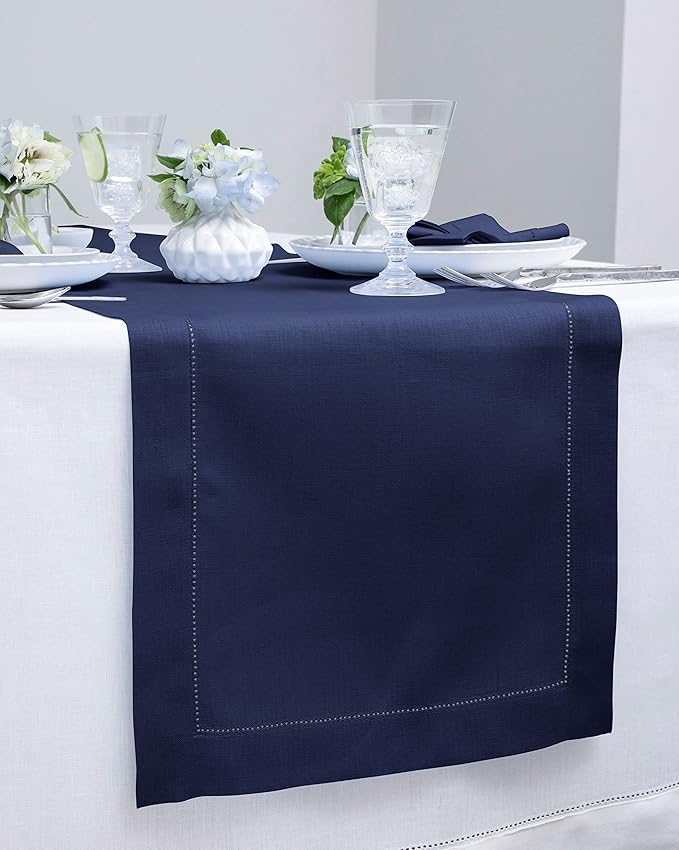 Solino Home Linen Navy Blue Table Runner 48 Inches - Classic Hemstitch, 100% ...