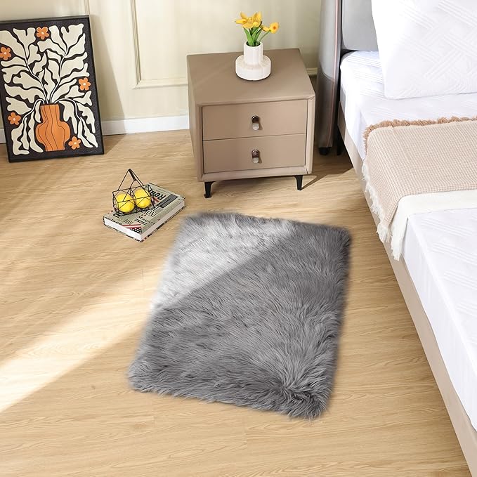 ORINOVA Light Silver Gray Faux Washable Shaggy Fur Rugs - Image 2