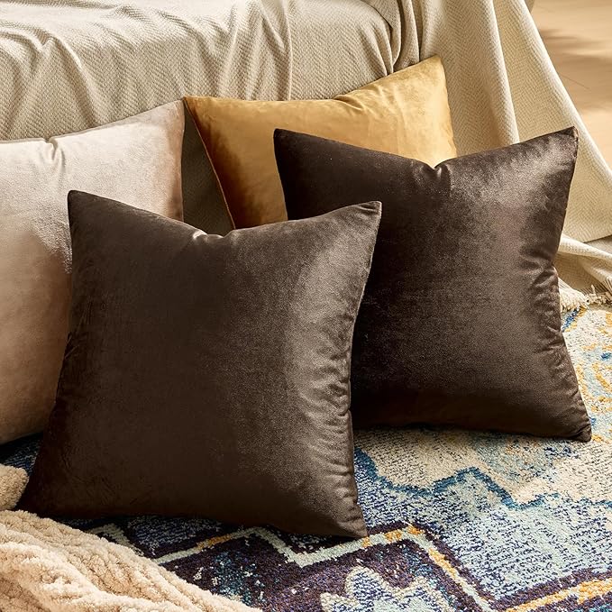 GIGIZAZA Brown Velvet Pillow Covers 24x24, Square Solid Throw Pillow Covers - Image 2