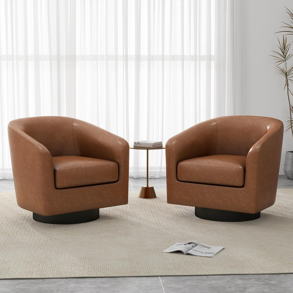 Faux Leather Swivel Accent Chairs Set of 2, Barrel Armchair, Brown