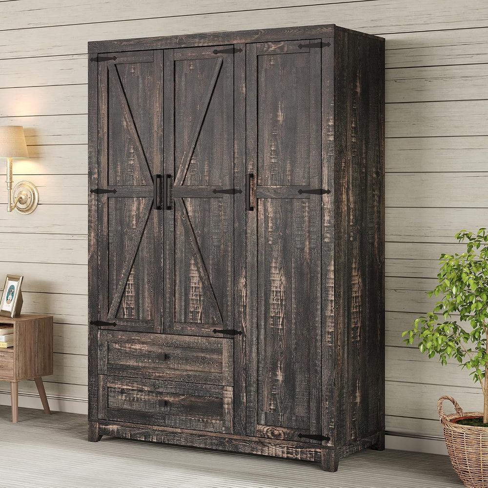 AMERLIFE Farmhouse 3 Door Wardrobe Closet with 2 Drawers & Hanging Rod