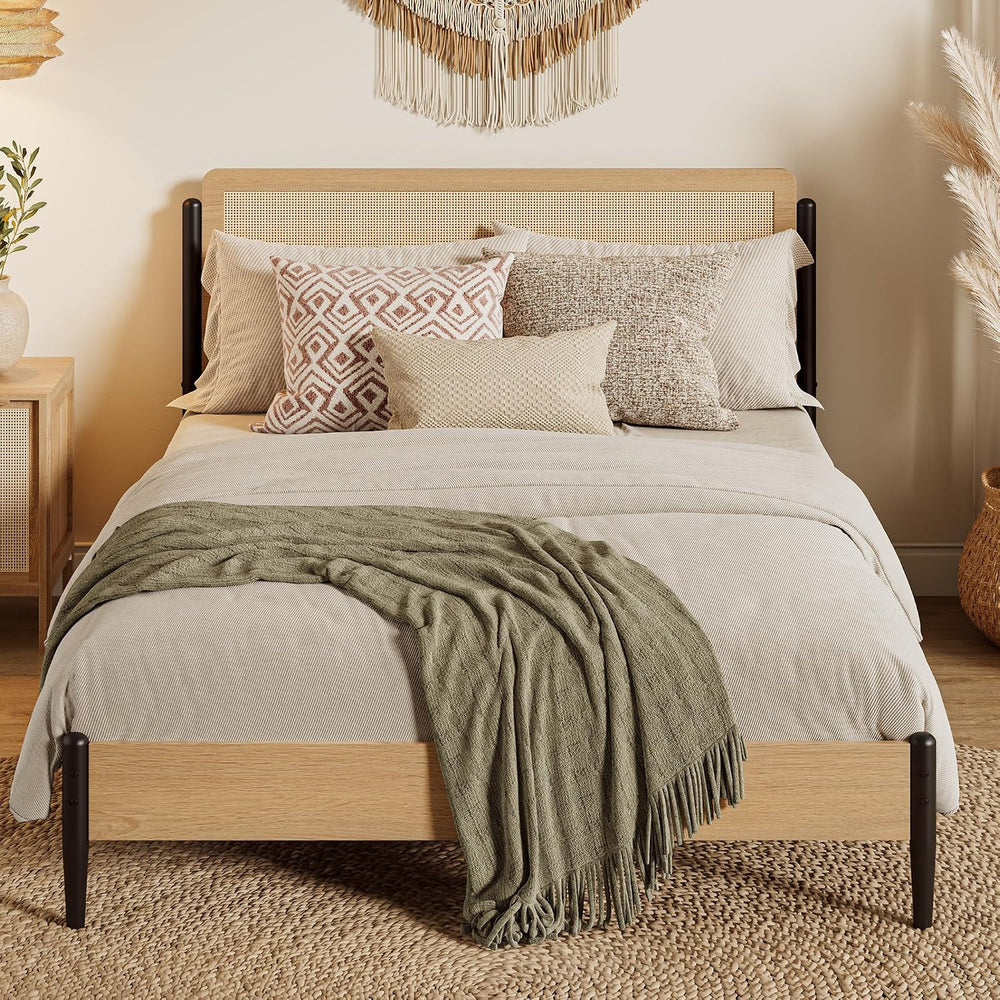 LIKIMIO Natural Rattan Full Size Bed Frame with Wooden Headboard