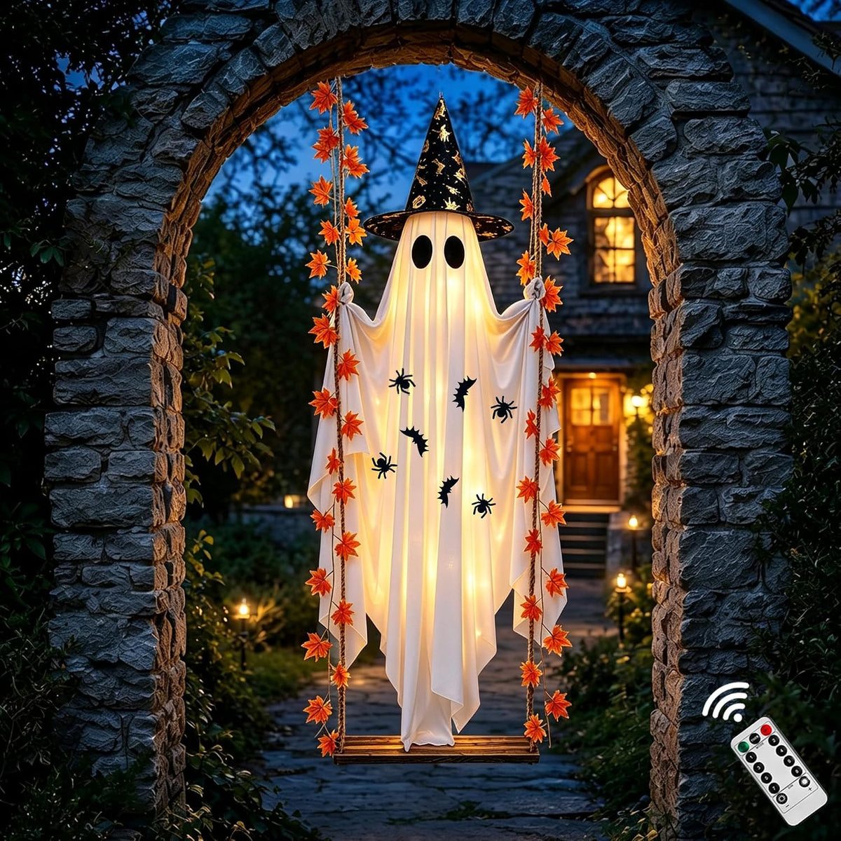 Halloween Decorations Outdoor, 5.4FT Large Hanging Swing Ghost Outdoor Decor with Witch Hat & Maple Leaf Vine, Remote Control LED Lights 8 Modes, Halloween Ghost Decorations for Front Porch Yard Tree