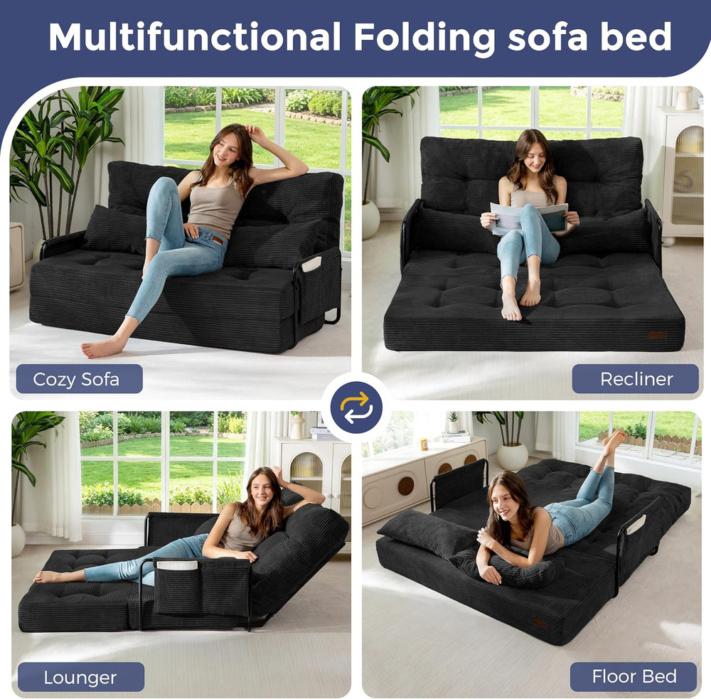 MAXYOYO 53" Adjustable Folding Sofa Bed Couch with 2 Pillows, Black