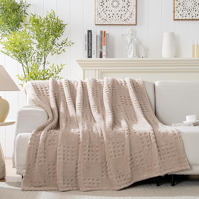 50x70 Inch Waffle Brown Throw Blanket -Fluffy Fleece, Neutral Tan Color - Image 6