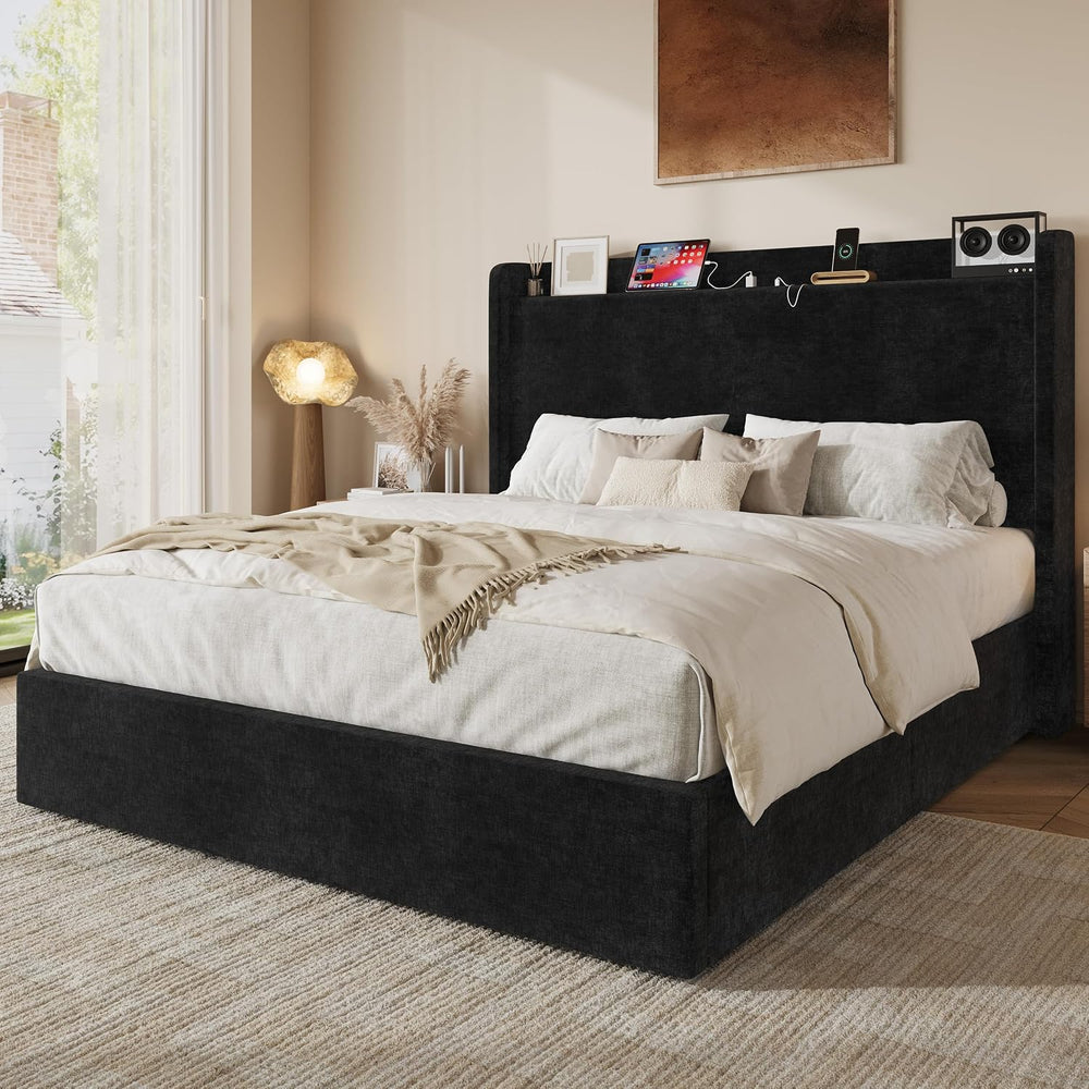 SHA CERLIN Full Size Bed Frame, Chenille Storage Headboard and USB, Black