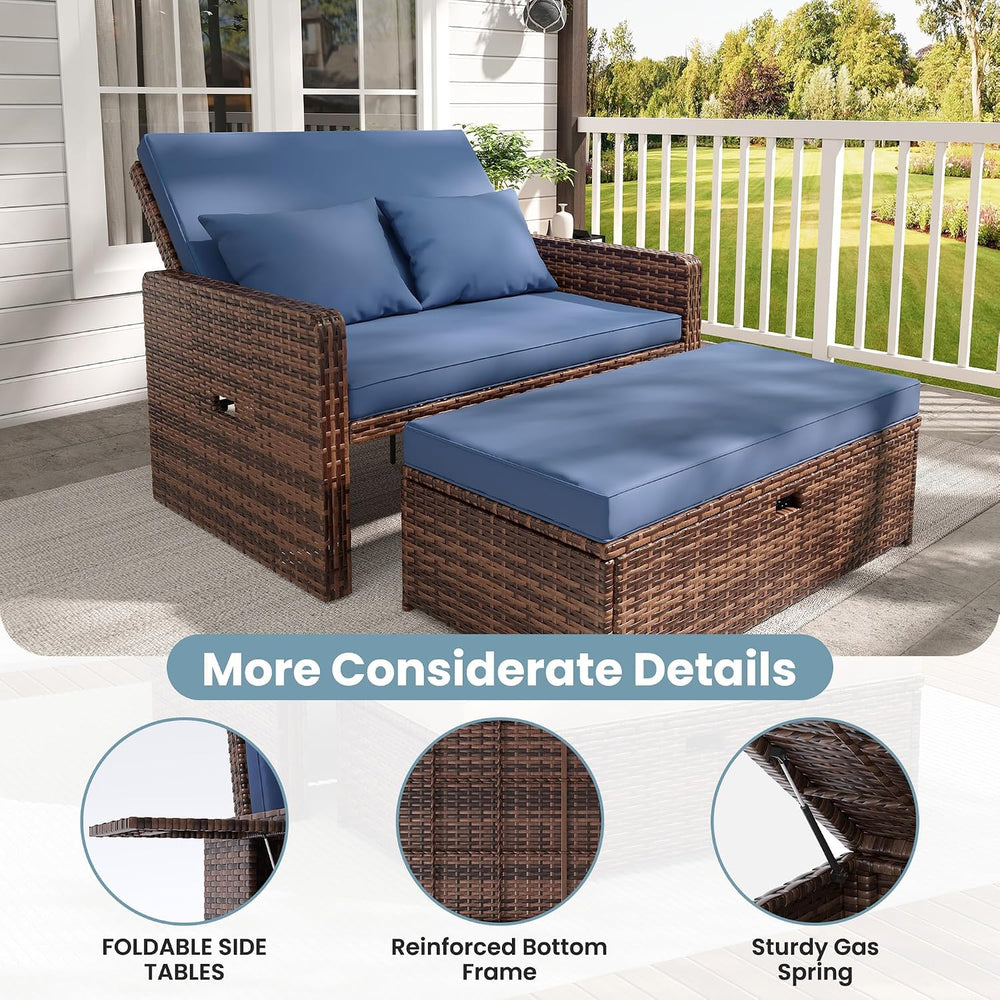Amopatio Wicker Outdoor Daybed, Patio Daybed with Ottoman,Blue