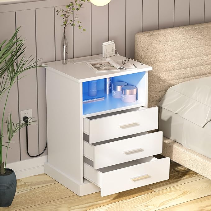 Nightstand with Charging Station, LED Lights Side Table with 3 Drawers, End T...