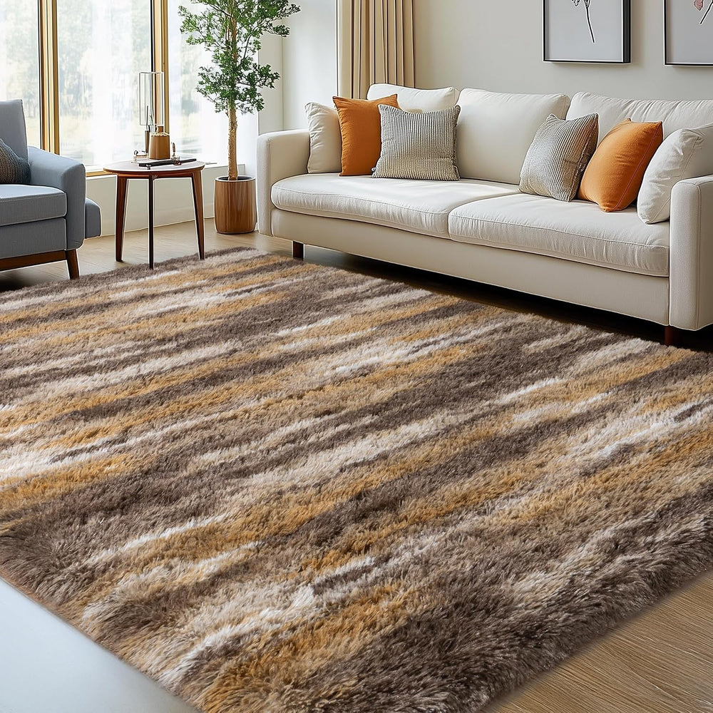 5x7 Abstract Brown Fluffy Rug for Bedroom Living Room Washable Non-Slip