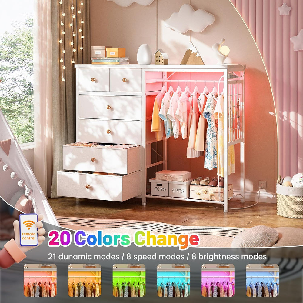 EnHomee 49.2" W Dresser with Hanging Rack & 6 Drawers, Grid Panel &a...