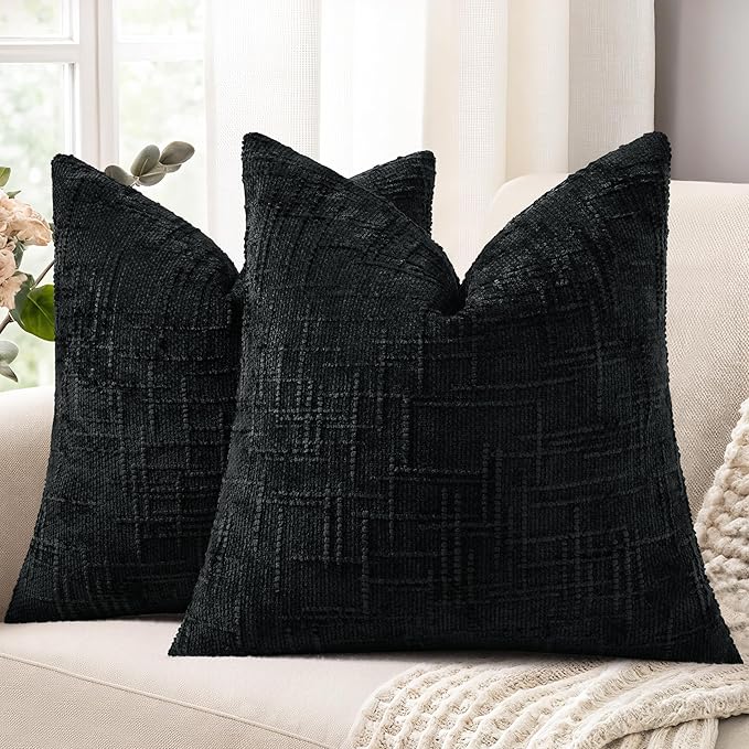 decorUhome Black Chenille Euro Sham Throw Pillow Covers 22x22 Set of 2 Textured by decorUhome