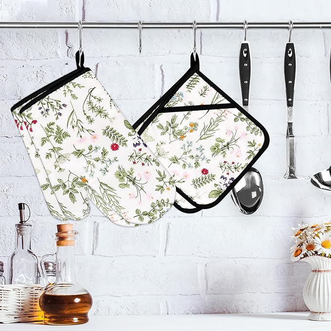 Floral Oven Mitts and Pot Holders Sets Wildflower Oven Gloves Heat Resistant 4 - Image 2