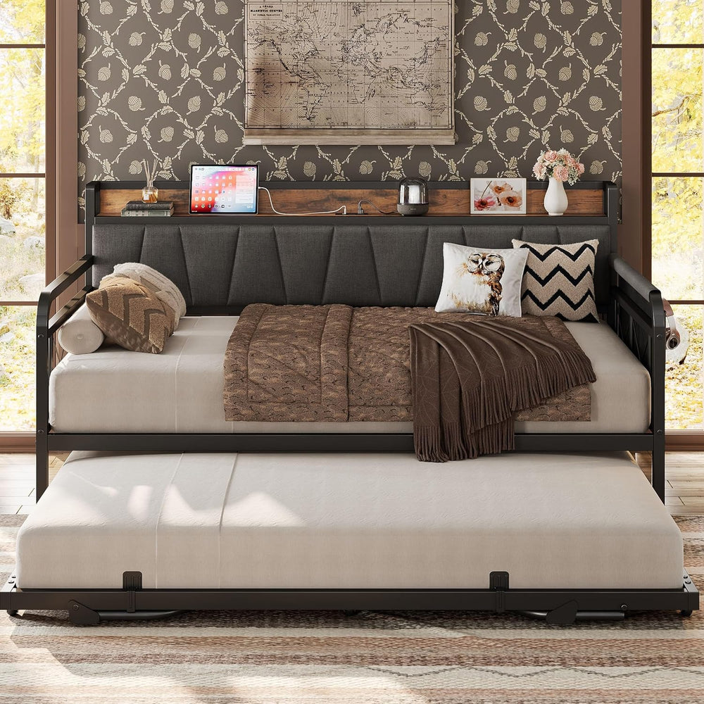 LIKIMIO Twin Daybed with Trundle, Twin Bed Frames, Grey/Brown