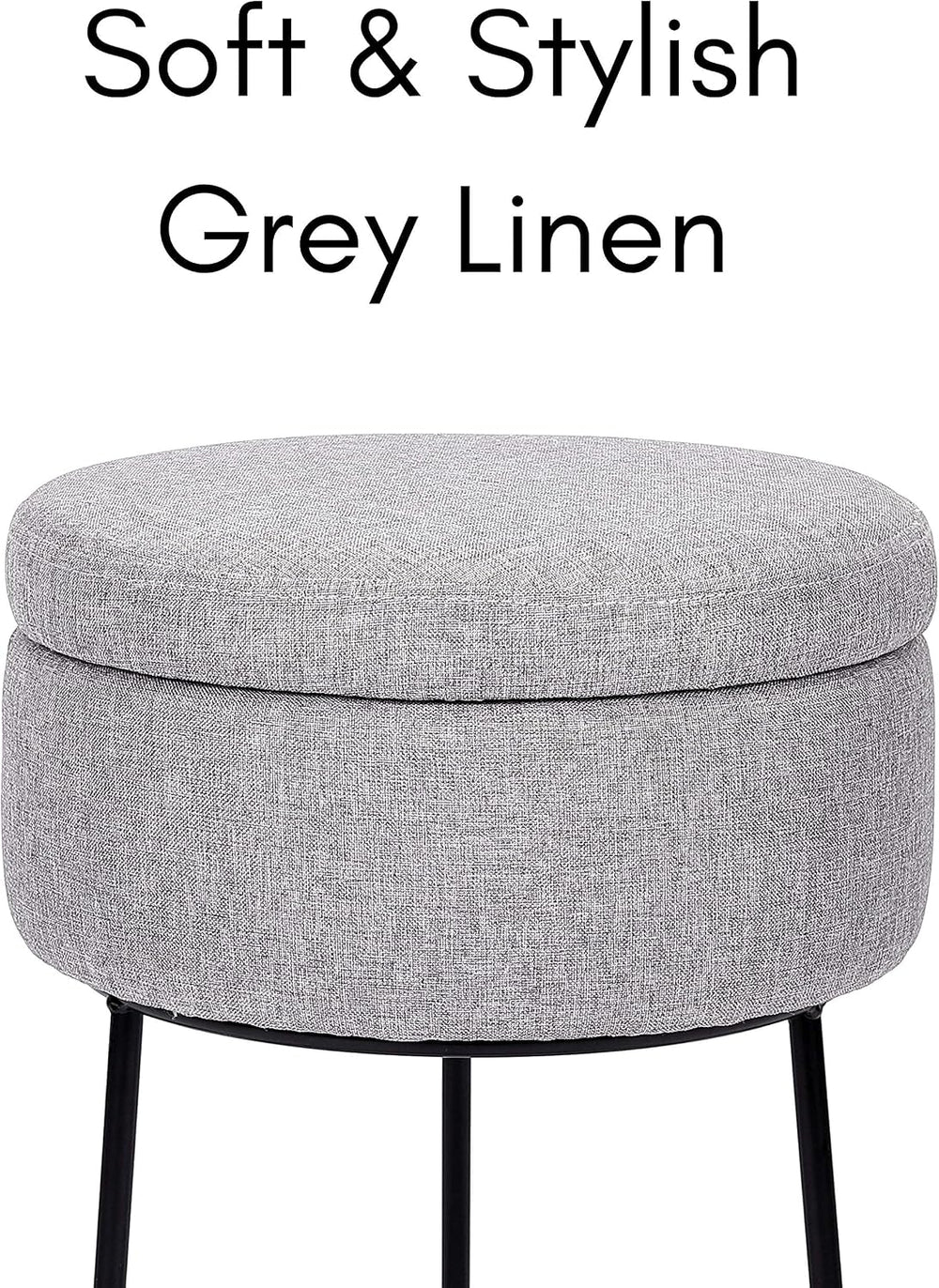 BIRDROCK HOME Grey Linen Storage Stool Ottoman w/Black Metal Leg Base, Soft C...