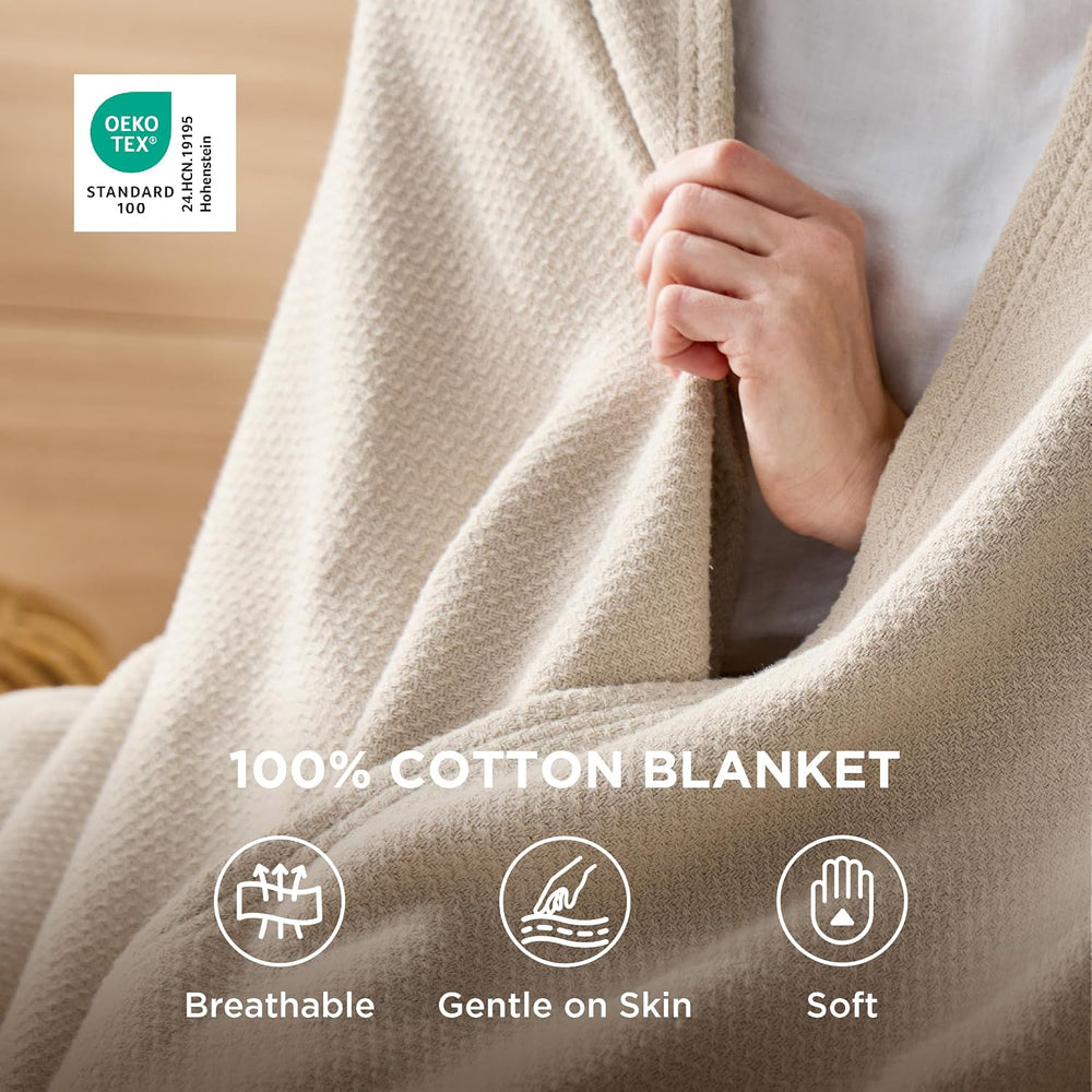 Bedsure 100% Cotton Blanket, Herringbone Weave, Full, Linen Beige