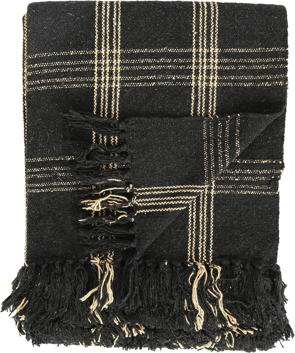 Plaid Black & Tan Fringed Woven Cotton Blend Throw