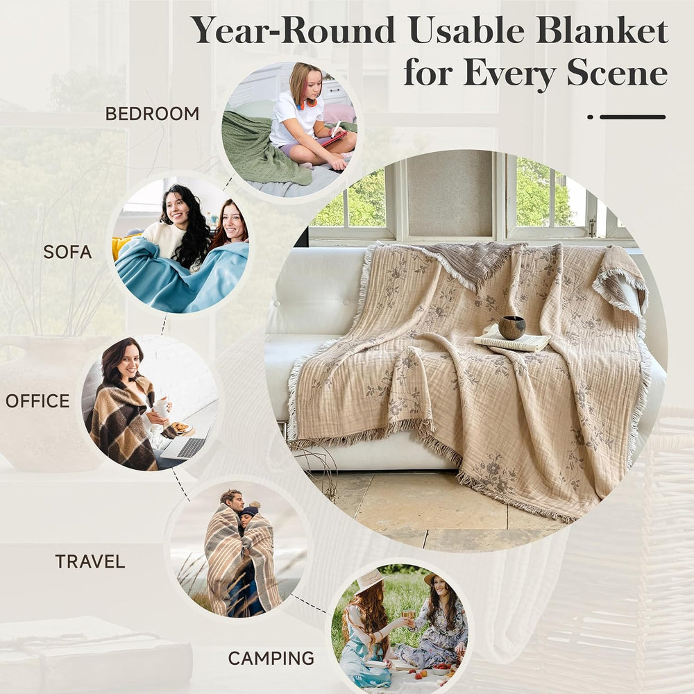 QKTE 100% Cotton Muslin Blanket King Size with Tassels, Lightweight Breathabl...