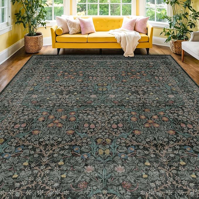 Vintage Dark Green Living Room Rug, 8x10 Washable Area Rugs by HazoHaus