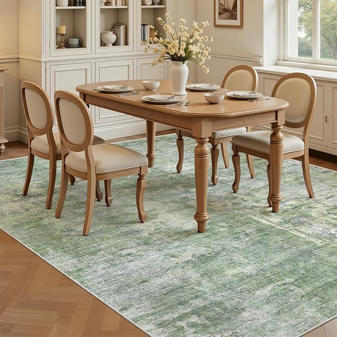 5x8 Area Rugs Green/Ivory Low Pile Indoor Washable Trendy Faded Style Rugs - Image 4
