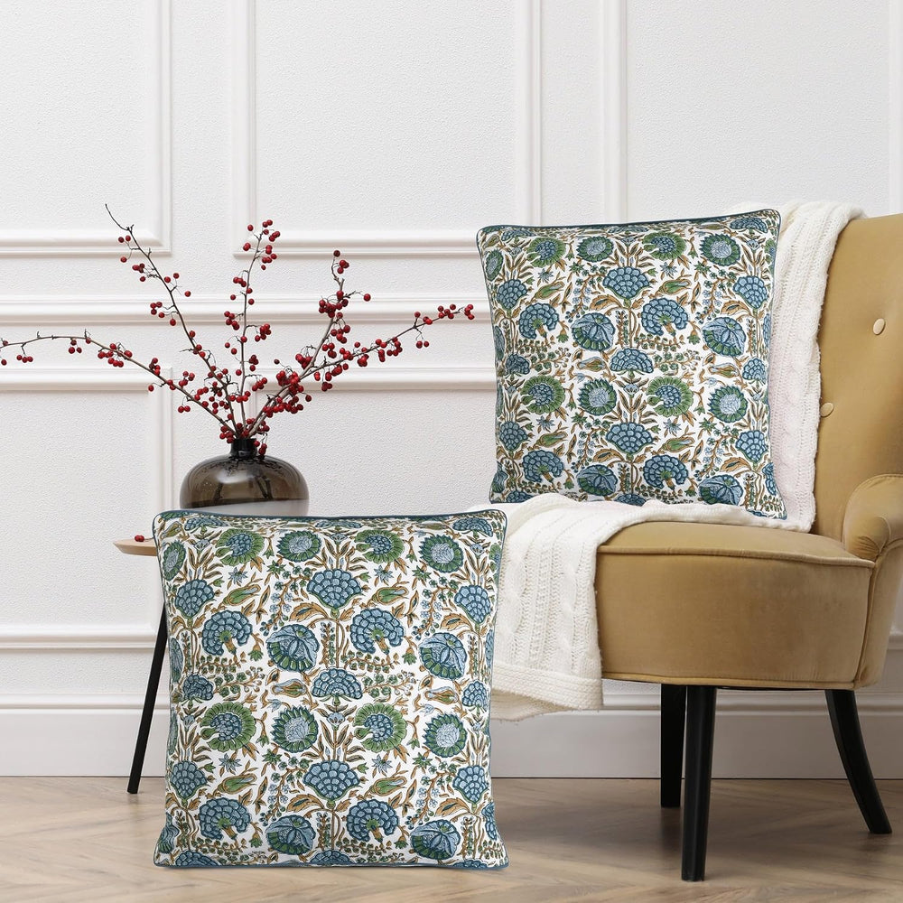 Ridhi Asparagus Green Block Print Cotton Pillow Cover 18x18 Inch Set of 2