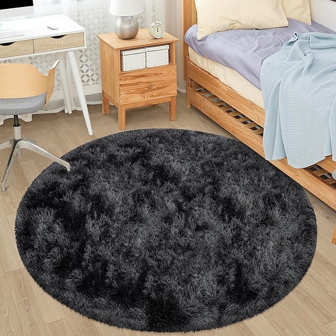 4x4 ft Tie Dye Black Round Rug for Bedroom Room Fluffy Circle Rug Furry Carpet - Image 6