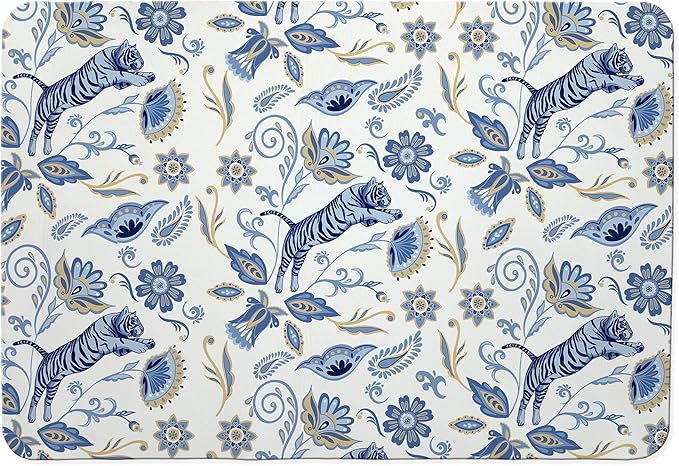 Blue and White Floral Tiger Dish Drying Mat, Chinoiserie Tiger Coffee Bar Mat by Unknown