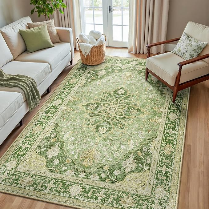RELEANY Area Rugs 5'x8' Washable Non-Slip, Floral Vintage Distress Print by RELEANY