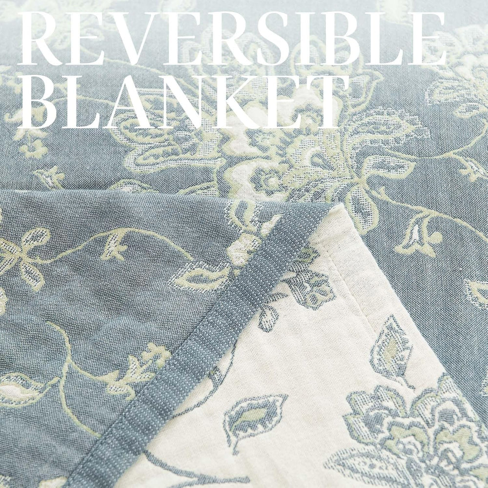 JINCHAN 100% Cotton Muslin Blanket Queen Boho Bed Blanket 80x90 Blue/White