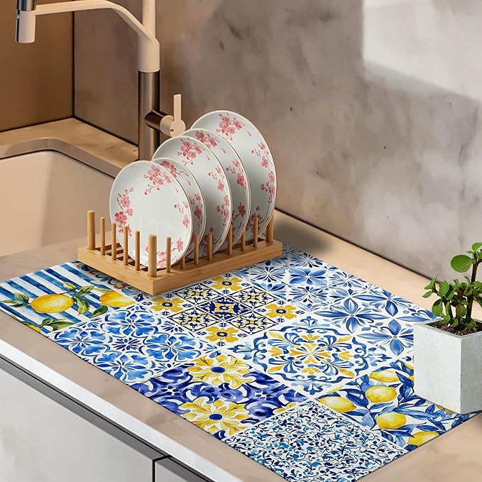 Mediterranean Tiles Dish Drying Mat, Vintage Azulejo Absorbent Dish Drying Mats - Image 4