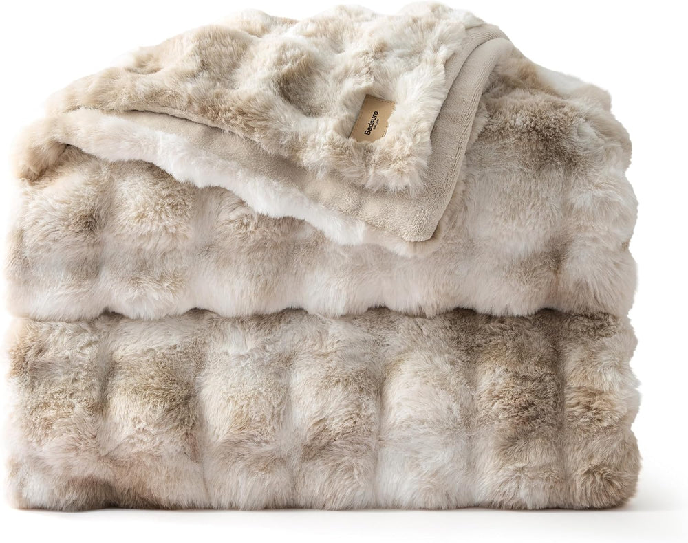 Bedsure Fluffy Bubble Faux Fur Queen Blanket, 90"x90", Tie-dye Taupe