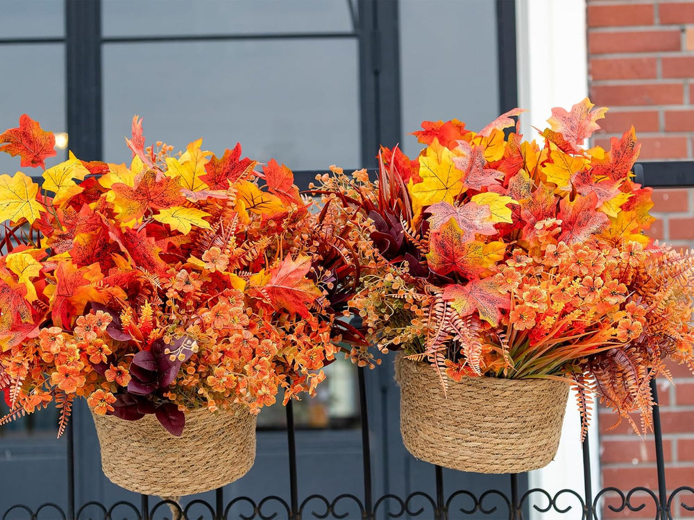 24PCS Artificial Fall Flowers Outdoors, Faux Maples & Mums for Outside
