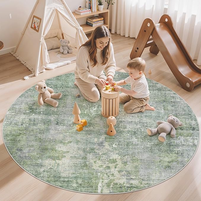 Soalmost 5x5 Green/Ivory Round Rug 5ft Living Room Circle Rug Vintage Round - Image 4