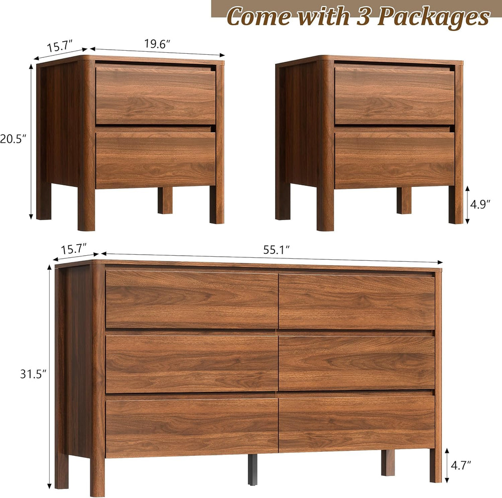 Furniway Walnut Mid-Century Modern Dresser and Nightstand Sets 3 Piece
