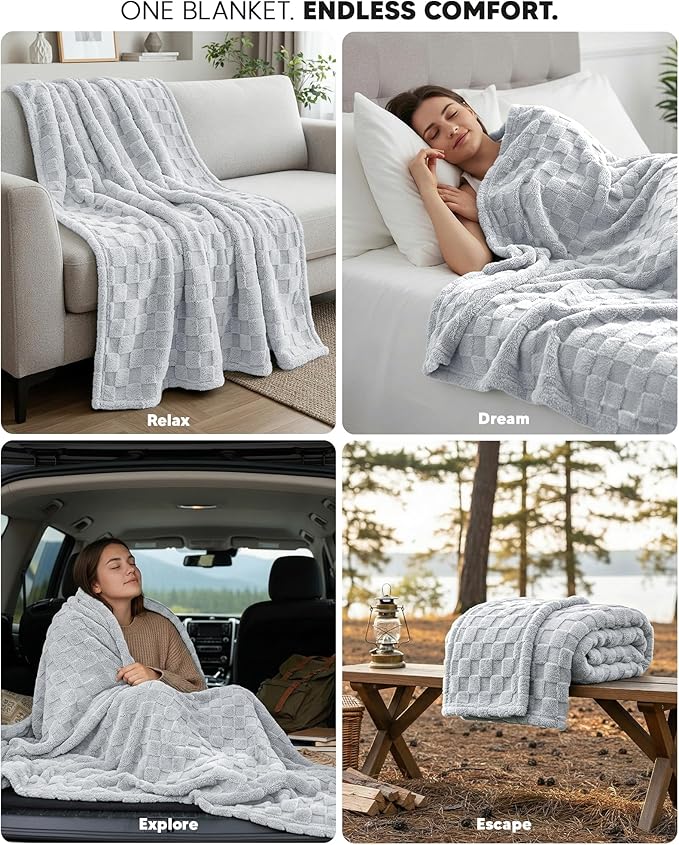 Utopia Bedding Cool Grey Checkered Fleece Queen Blanket - Image 4