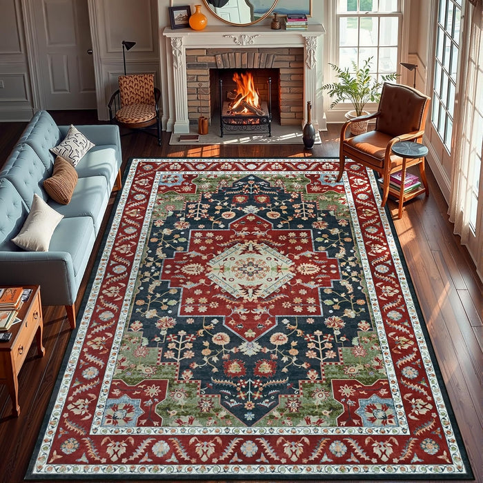 YJ.GWL Area Rugs for Living Room 9x12 Machine Washable Rugs, Non Slip Floral Vintage Rug Indoor Carpet, Stain Resistant Large Rug for Bedroom Dining Room, Red Green