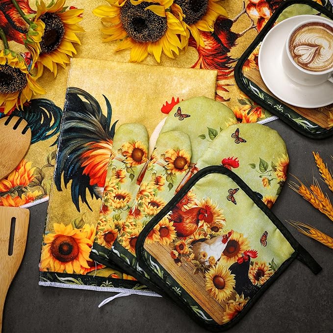 Leinuosen 6 Sunflower Rooster Farmhouse Kitchen Decor Dish Towels Oven Mitts - Image 7