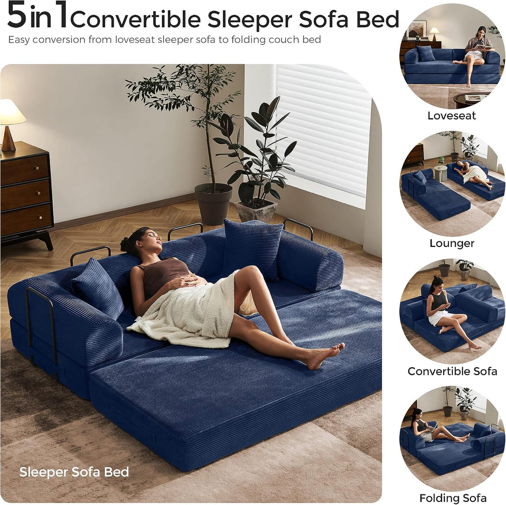 79" Convertible Futon Sofa Bed, Boneless Couch for Living Room | Blue