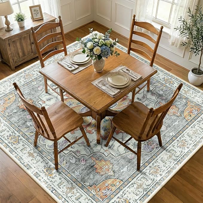 RELEANY Area Rugs Square 8ft Washable Non-Slip, Floral Vintage Distress Print - Image 2