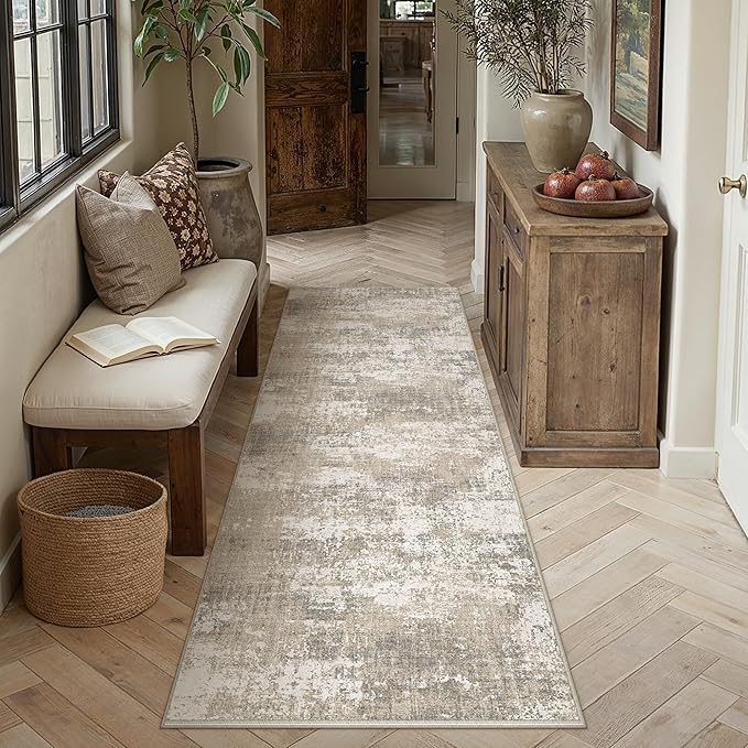 PureCozy Runner Rug 2x8 Beige Machine Washable Modern Abstract Hallway Carpet - Image 2