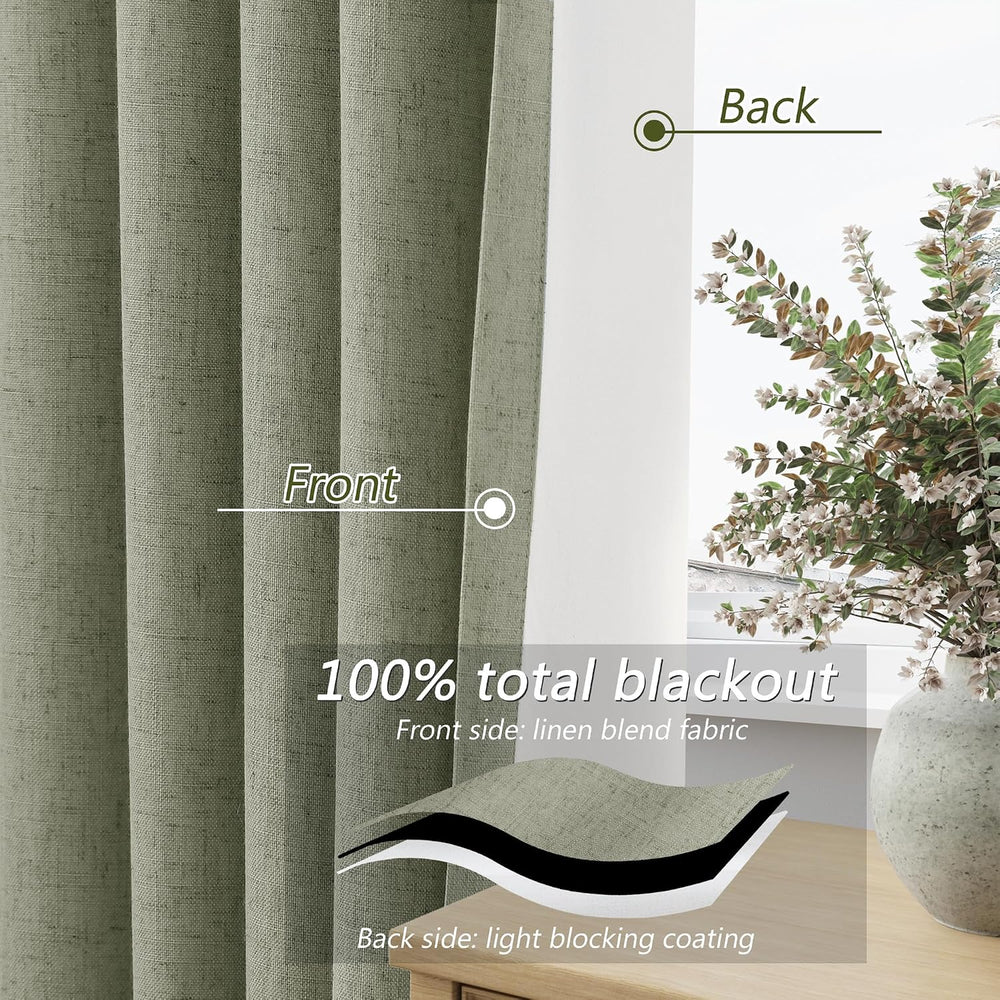 100% Blackout Linen Curtains 84 Inch Long 2 Panels Sage Green