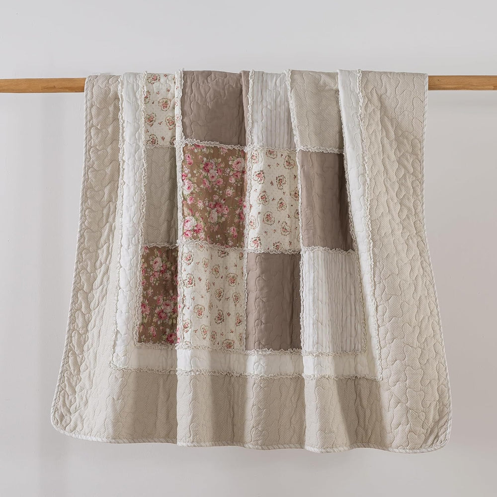Soul & Lane - Taupe Bloom Beige Cotton Quilted Throw Blanket, 50" x ...