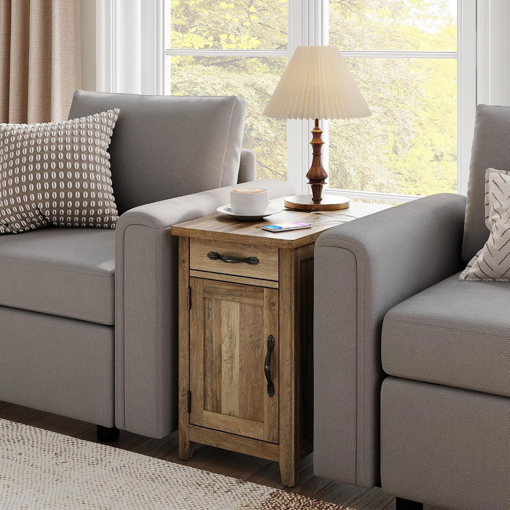 LINSY HOME Charging End Table with USB Ports, Wooden Door, Brown