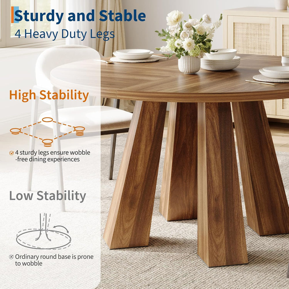 47 Inch Round Farmhouse Dining Table for 4-6, Heavy-Duty 4-Leg Sturdy Wood Ki...