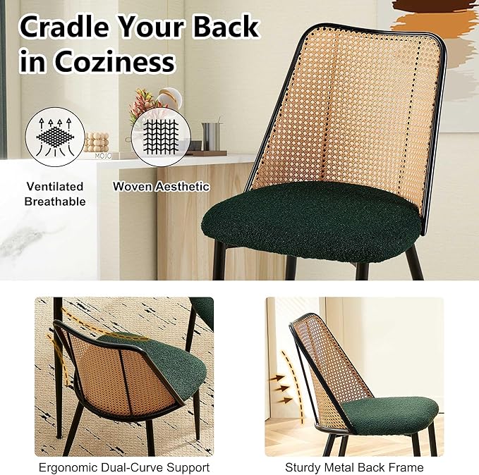 Green Dining Chairs Set of 4, Upholstered Home Kitchen Chairs Woven Rattan Ba...